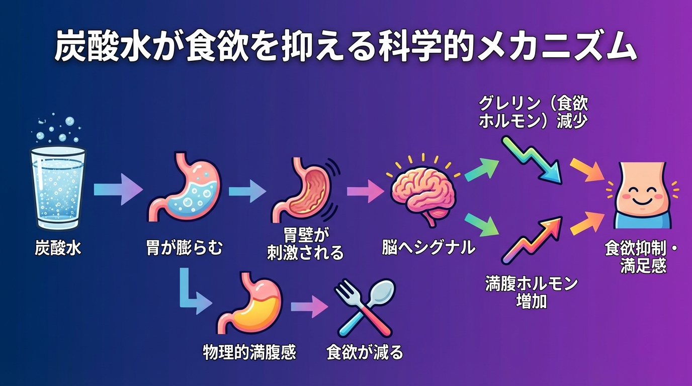 炭酸水が食欲を抑える科学的メカニズムの図解