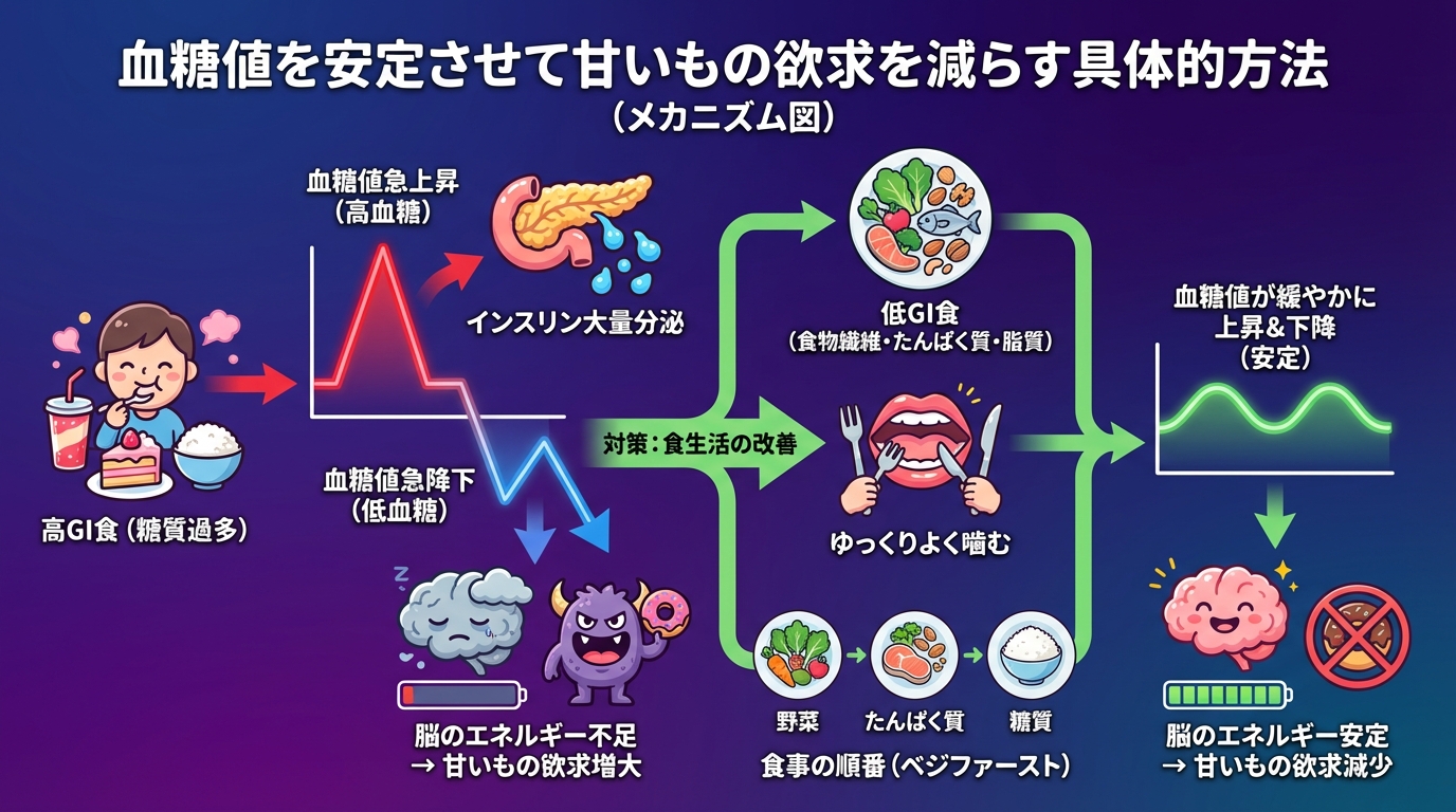 血糖値を安定させて甘いもの欲求を減らす具体的方法の図解