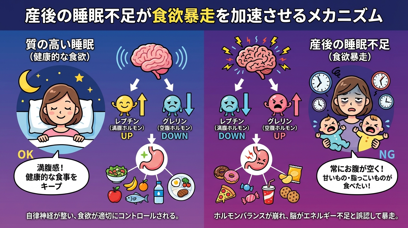 産後の睡眠不足が食欲暴走を加速させるメカニズムの図解