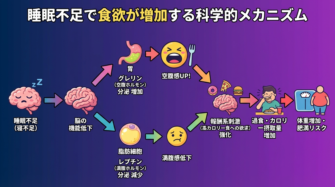 睡眠不足で食欲が増加する科学的メカニズムの図解