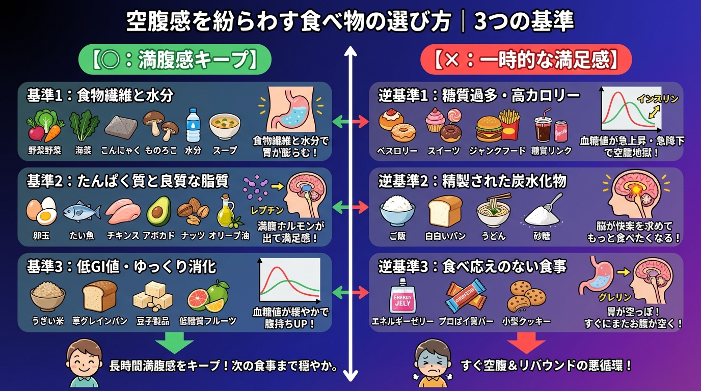 空腹感を紛らわす食べ物の選び方｜3つの基準の図解