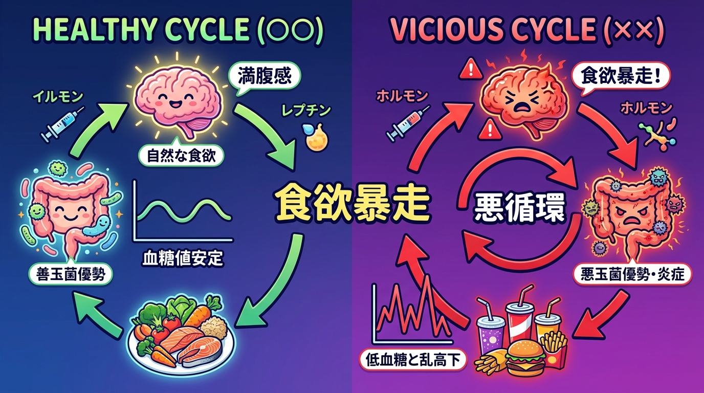 低血糖と腸内環境の悪循環が食欲暴走を招くの図解