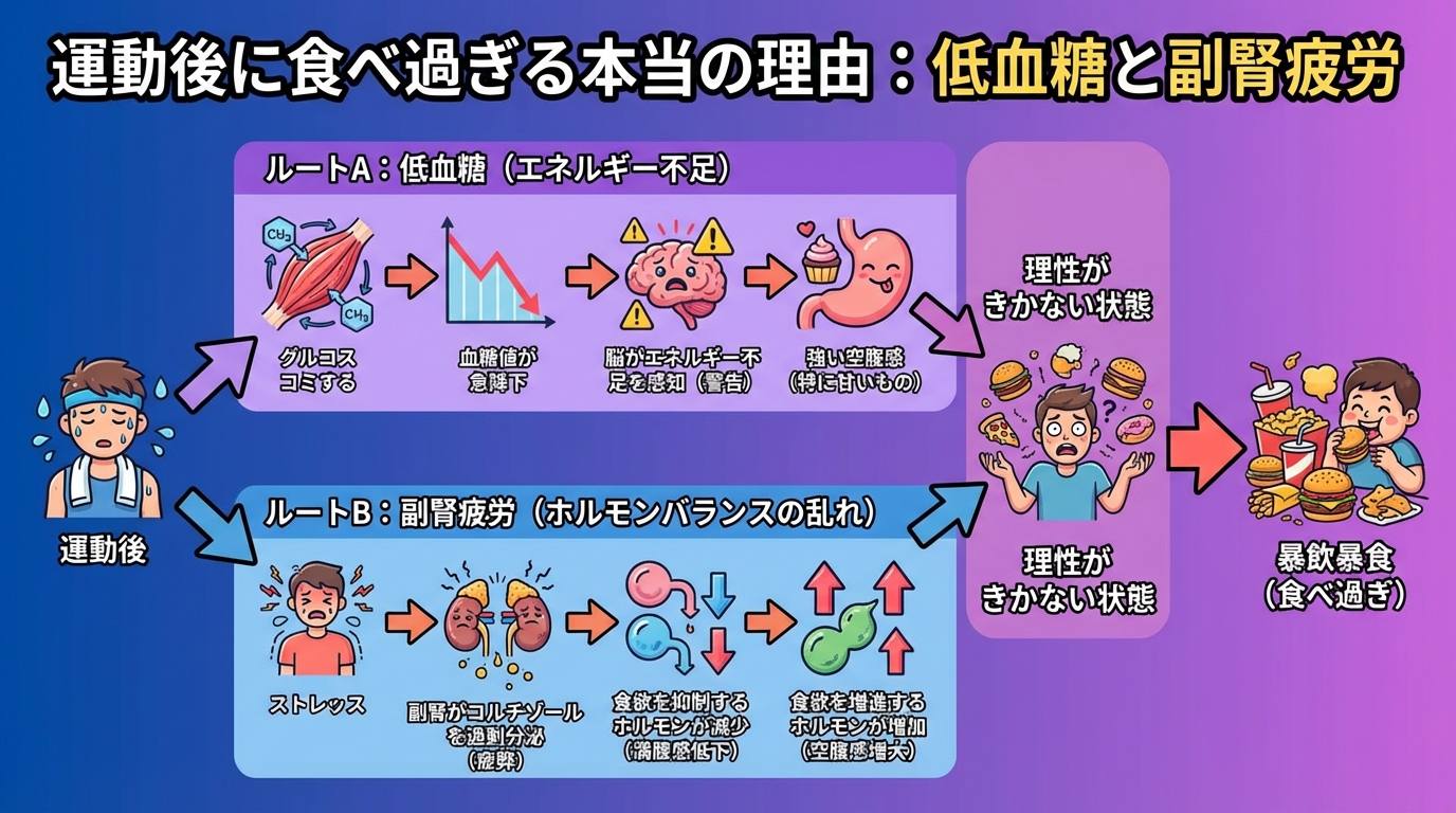 運動後に食べ過ぎる本当の理由：低血糖と副腎疲労の図解