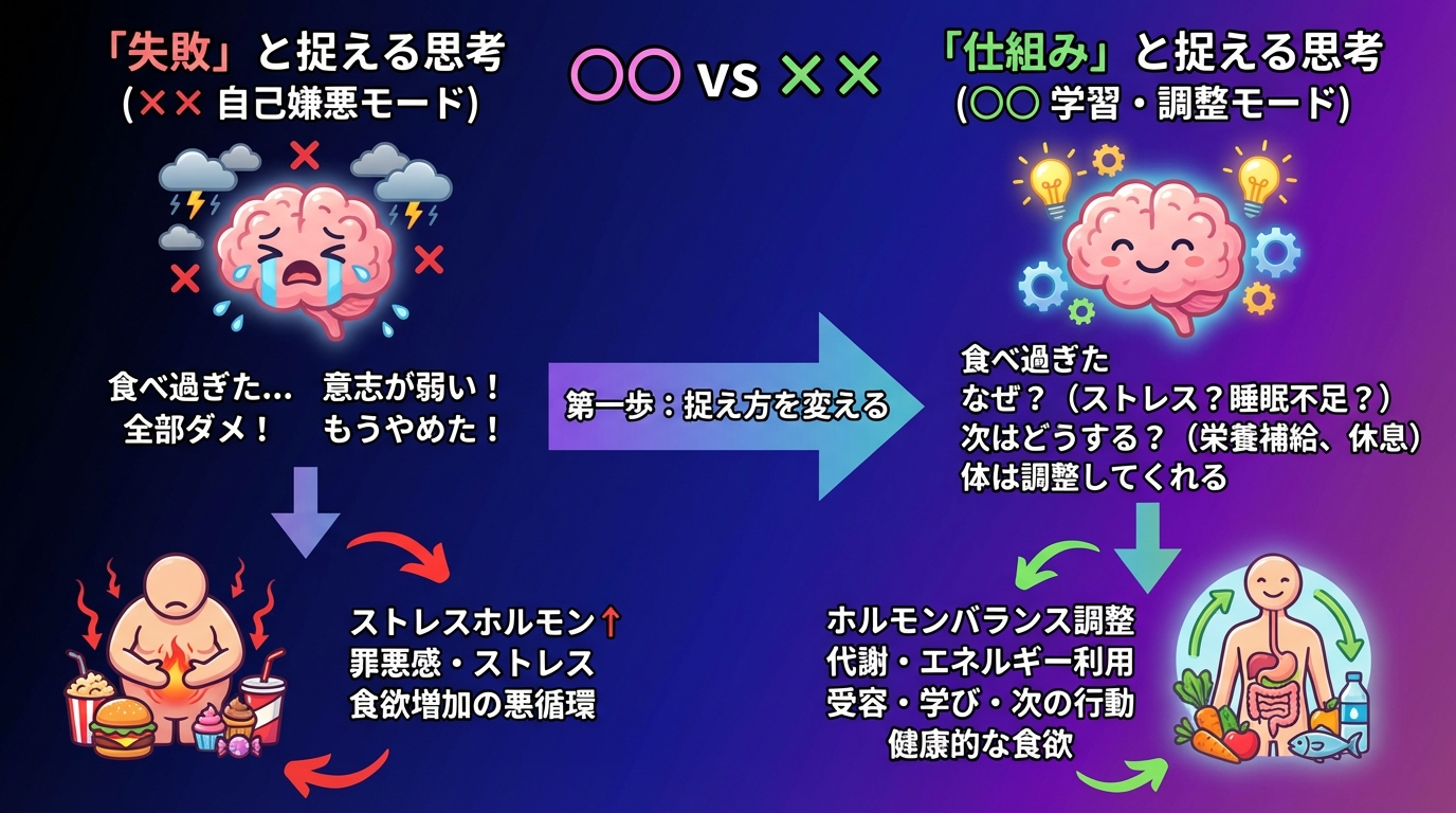 自己嫌悪を手放す第一歩:食べ過ぎを「失敗」と捉えない思考法の図解
