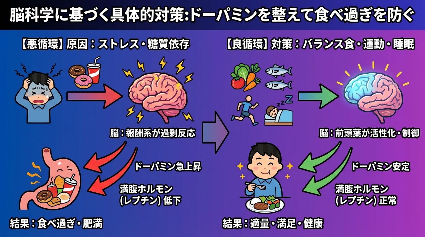 脳科学に基づく具体的対策:ドーパミンを整えて食べ過ぎを防ぐの図解