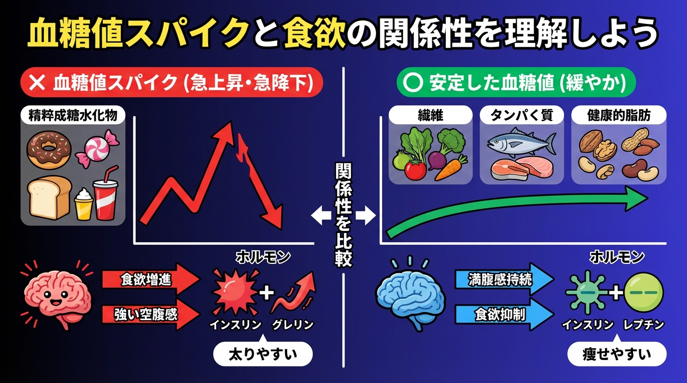 血糖値スパイクと食欲の関係性を理解しようの図解