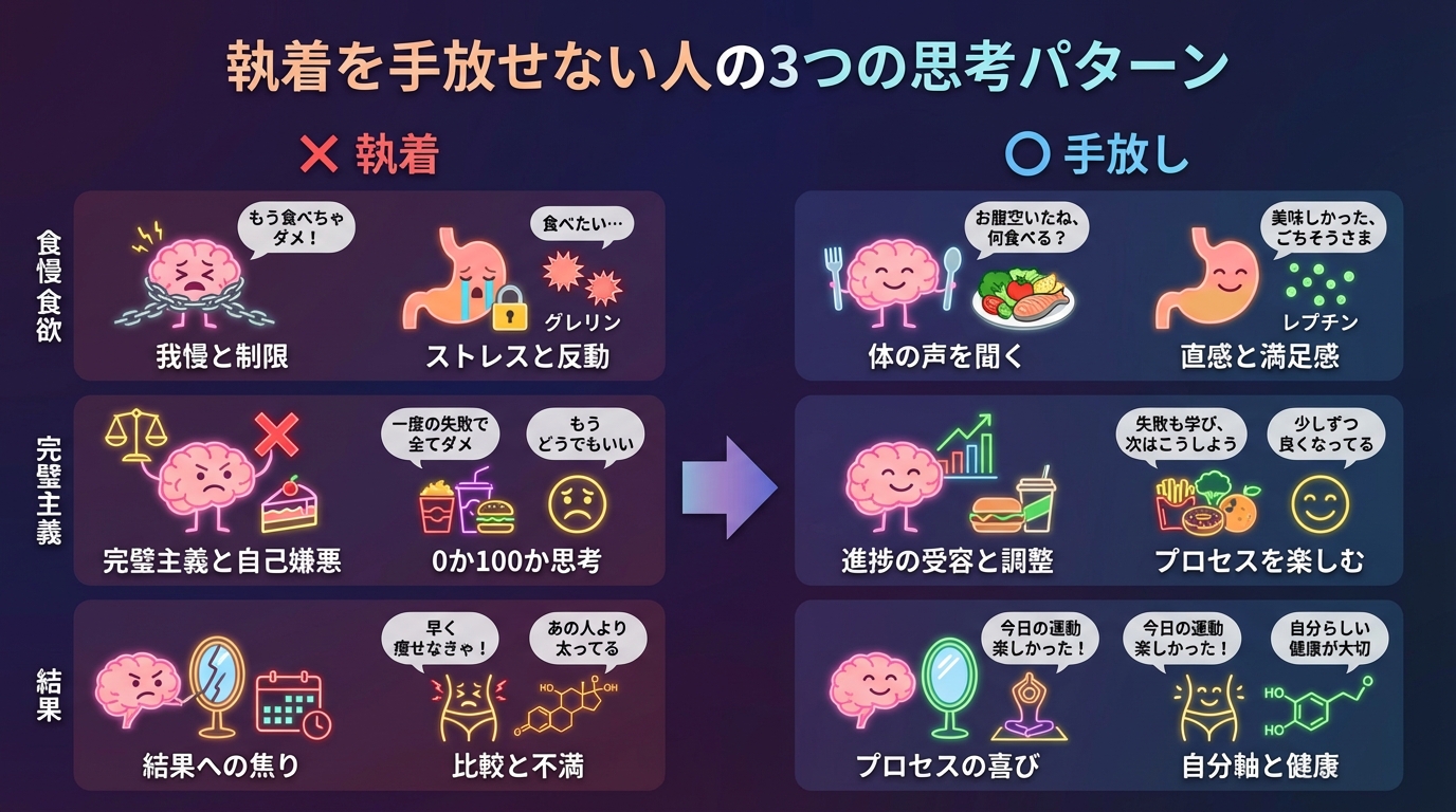 執着を手放せない人の3つの思考パターンの図解