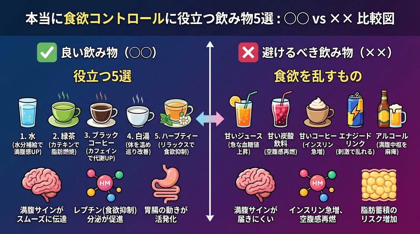 本当に食欲コントロールに役立つ飲み物5選の図解