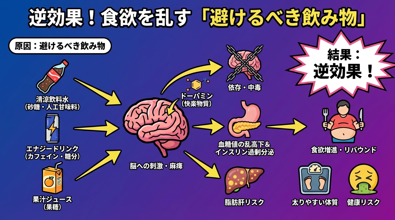 逆効果！食欲を乱す「避けるべき飲み物」の図解
