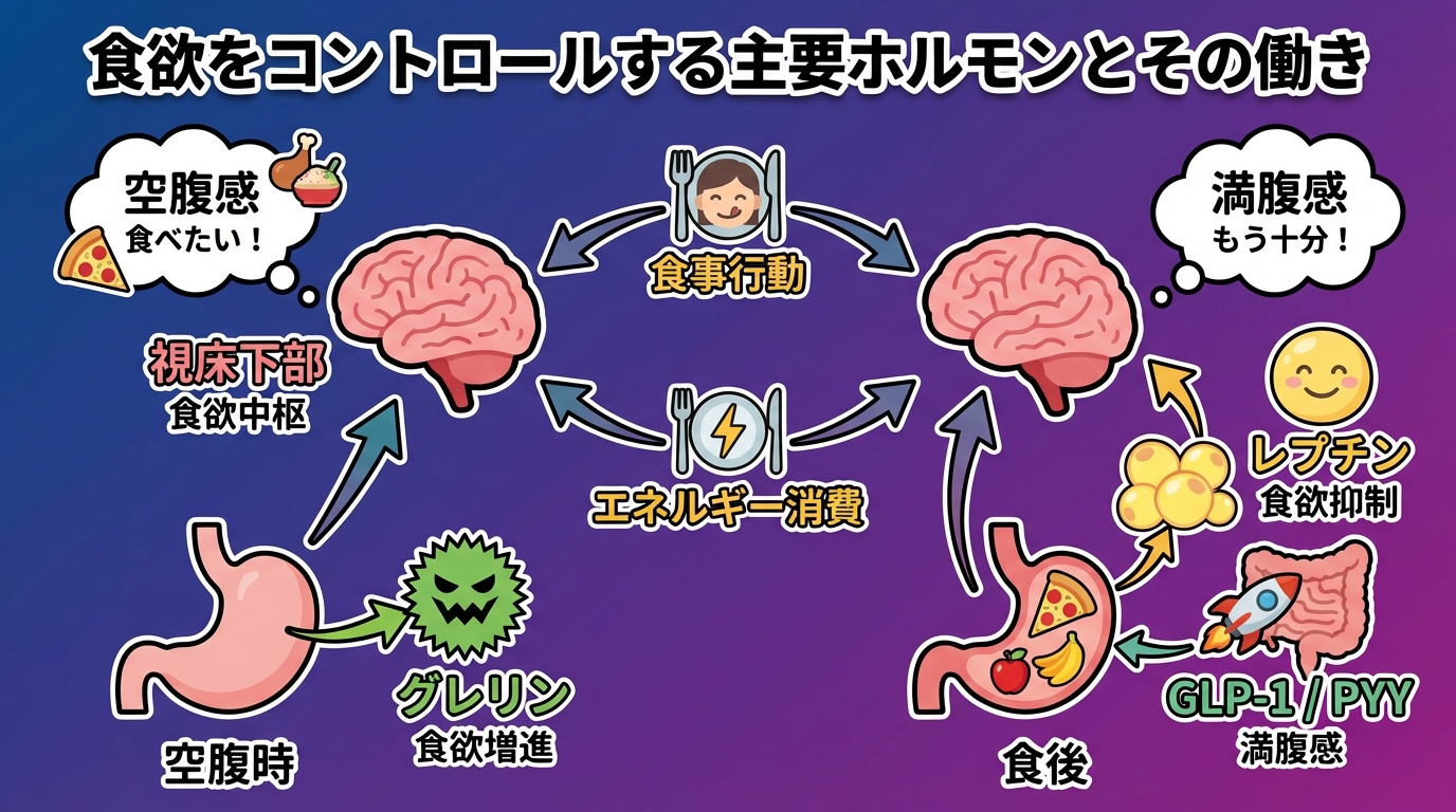 食欲をコントロールする主要ホルモンとその働きの図解