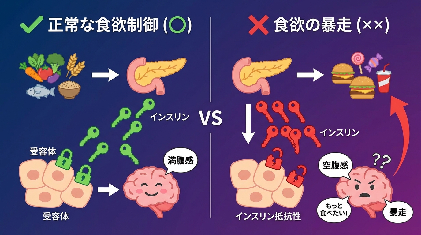 インスリン抵抗性が食欲を暴走させるメカニズムの図解