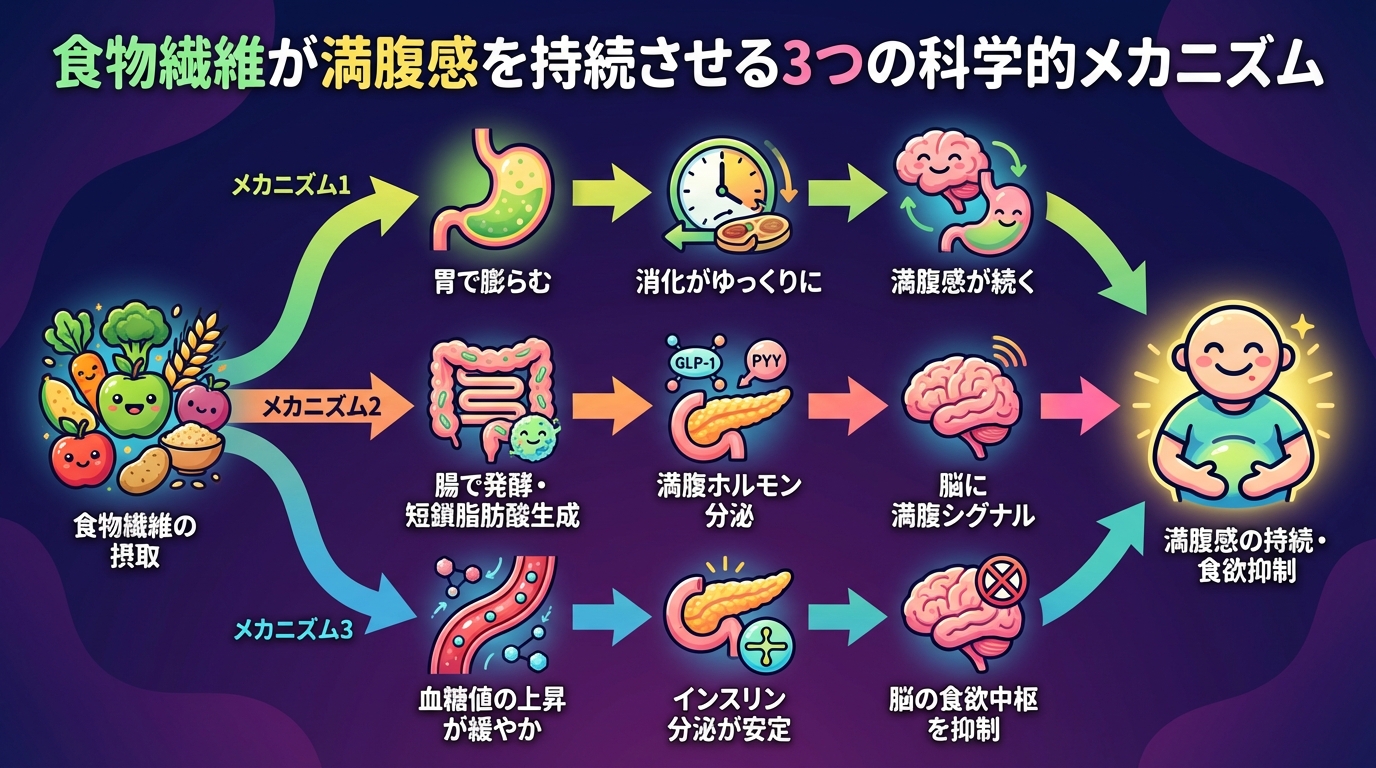 食物繊維が満腹感を持続させる3つの科学的メカニズムの図解