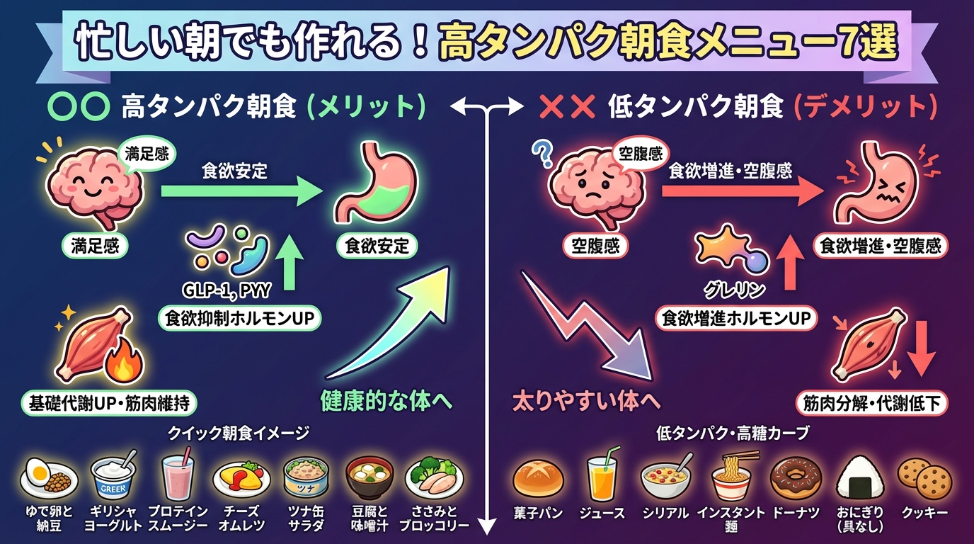 忙しい朝でも作れる！高タンパク朝食メニュー7選の図解